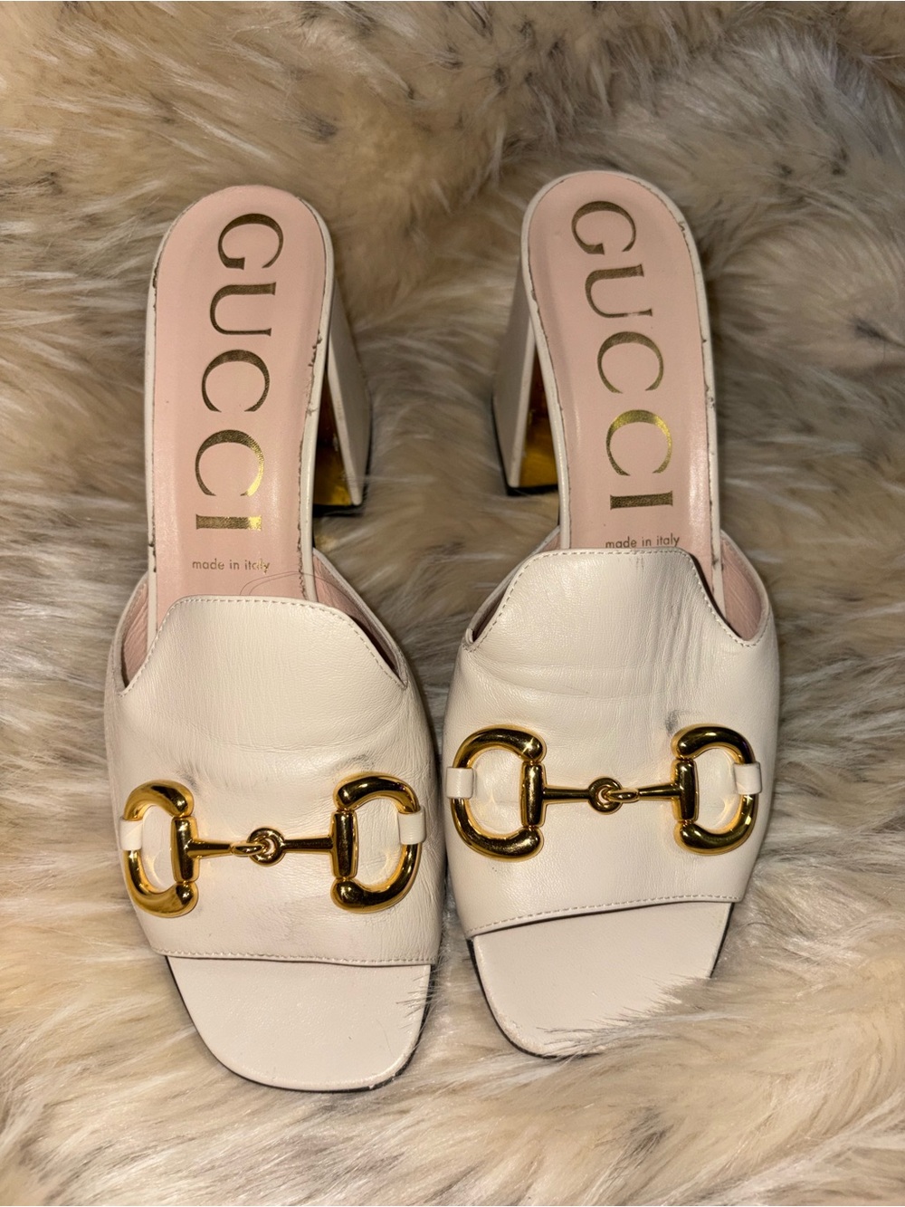 Gucci Cream Leather Horsebit Mules with Gold Hardware